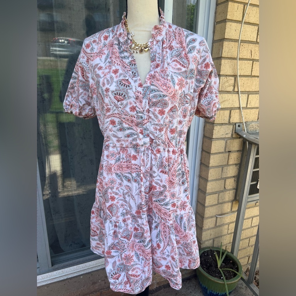 Pink and Gray Puff Sleeve V-Neck Sundress